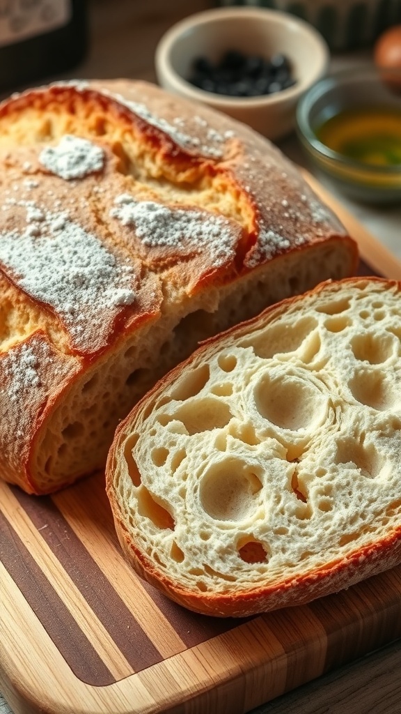 A golden-brown crusty sourdough bread loaf on a cutting board with slices revealing its airy crumb.